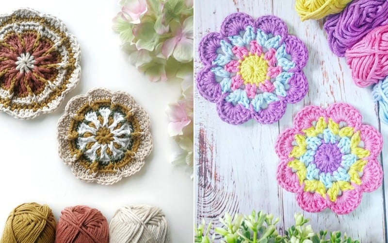 Flower crochet coasters are displayed with yarn balls and blossoms. The left side showcases earthy tones, while the right bursts with bright pastels on a wooden surface.