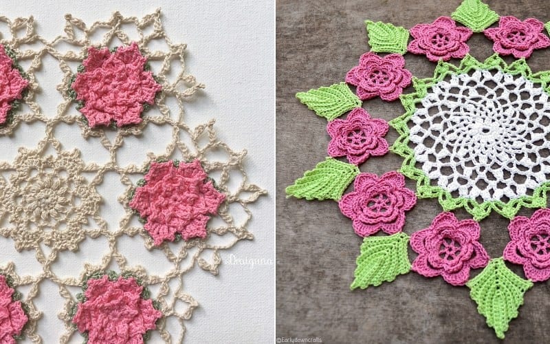 Two crochet doilies with floral designs: the left showcases pink flowers on beige, while the right, reminiscent of a Fresh Roses Doily, features pink flowers and green leaves on white. Perfect for those who adore delicate craft and are seeking free crochet patterns.