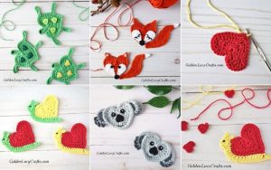 Six enchanting images showcase heart-shaped and animal appliques, featuring turtles, foxes, birds, and koalas artfully displayed on a light wooden surface.