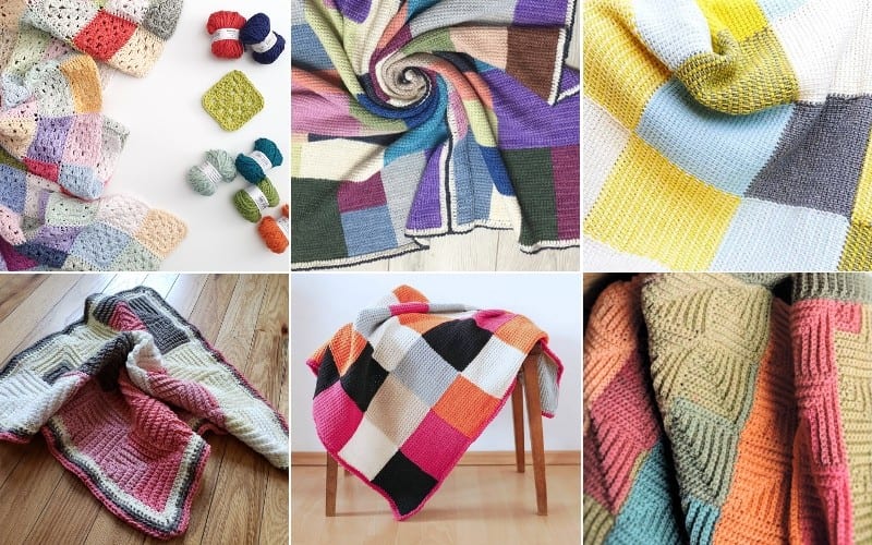 A collage of six images featuring various colorful crochet blankets with modern patchwork patterns, showcasing vibrant squares and intricate designs alongside some balls of yarn.