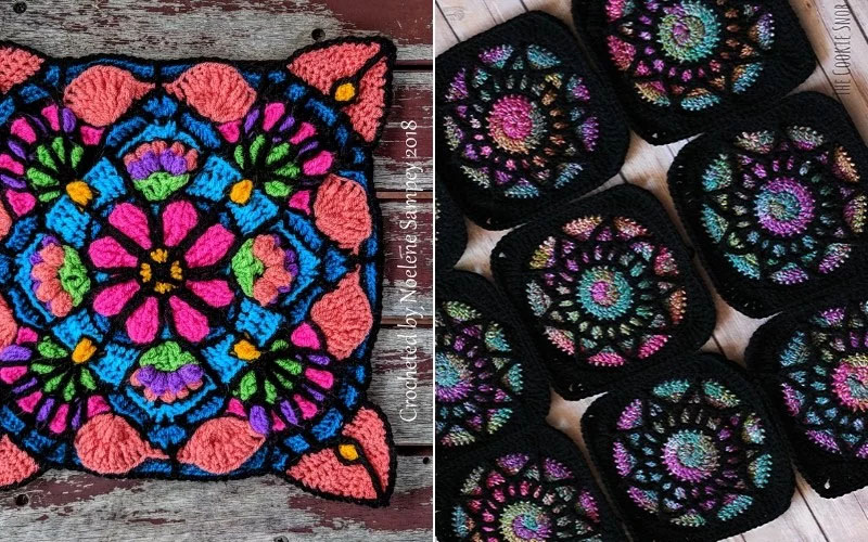 Crocheted mandala patterns in bright colors, reminiscent of stained glass, are displayed as a square and individual hexagonal pieces on a wooden surface, offering unique design ideas.