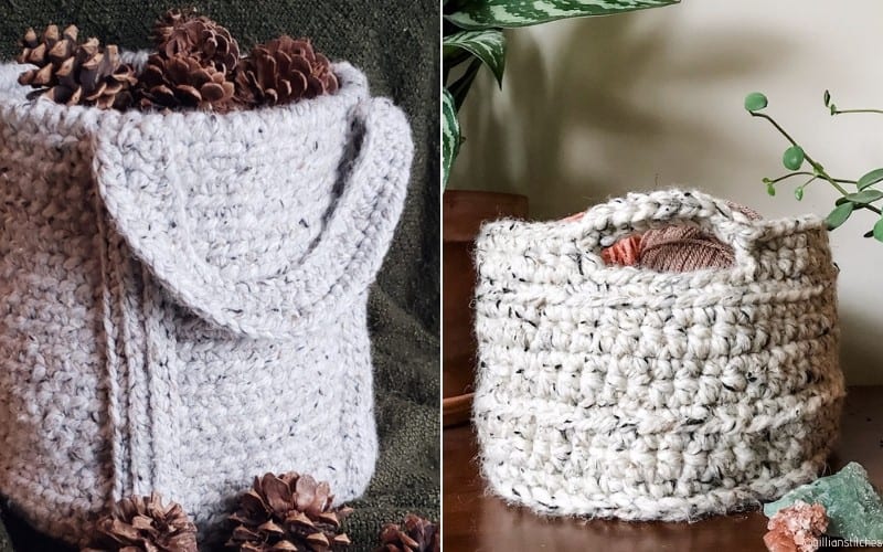 Two images of handmade, textured crochet baskets—crafted from free crochet patterns—are showcased. One brimming with pine cones and the other cradling yarn, these solid baskets in neutral hues come with handles and are set against simple backgrounds.