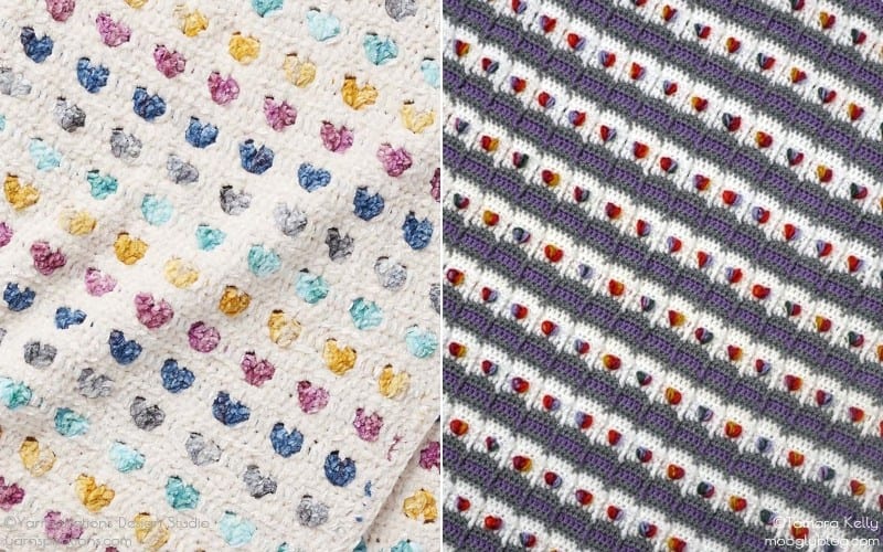 Close-up of two crocheted blankets: one with multicolored cat motifs on a cream background, the other with purple stripes and colorful dots—perfect inspiration for those seeking free crochet patterns for striper or baby blankets.