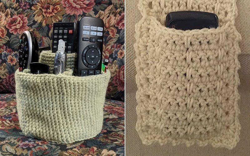 Discover our knitted TV remote caddies, designed to hold multiple remotes and small items against a charming floral pattern. Plus, explore free patterns to personalize your space with functional elegance.