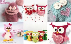 A collage of crocheted owl toys in various colors, some adorned with heart motifs perfect for Valentine's Day, arranged in different settings.