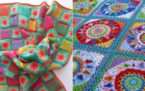 Two images showcase vibrant crochet blankets, each featuring colorful geometric patterns and intricate square designs.