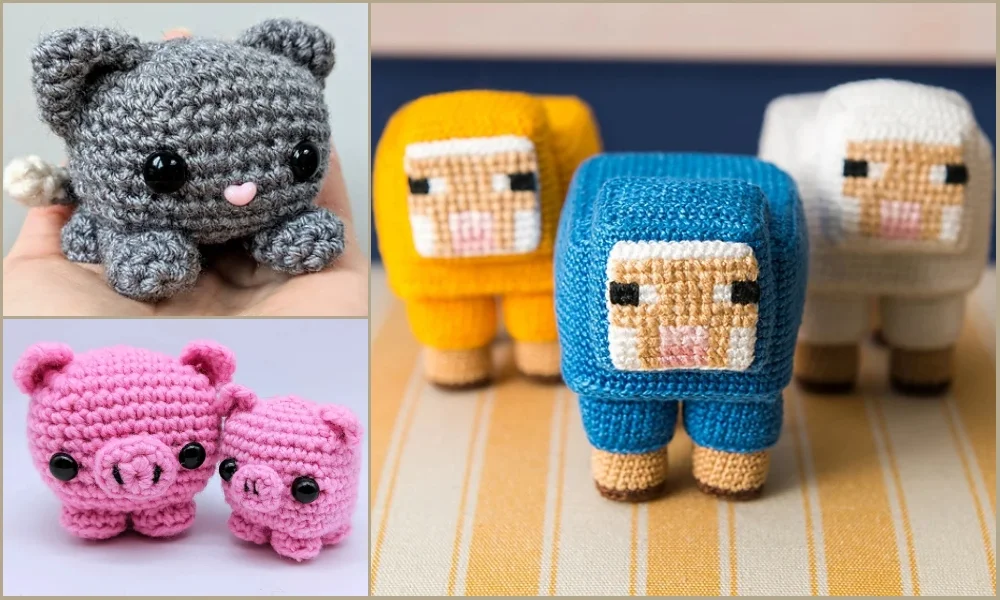 Crochet animals delight with a gray cat, two pink pigs, and three square-shaped creatures in yellow, blue, and white lounging on a striped surface.