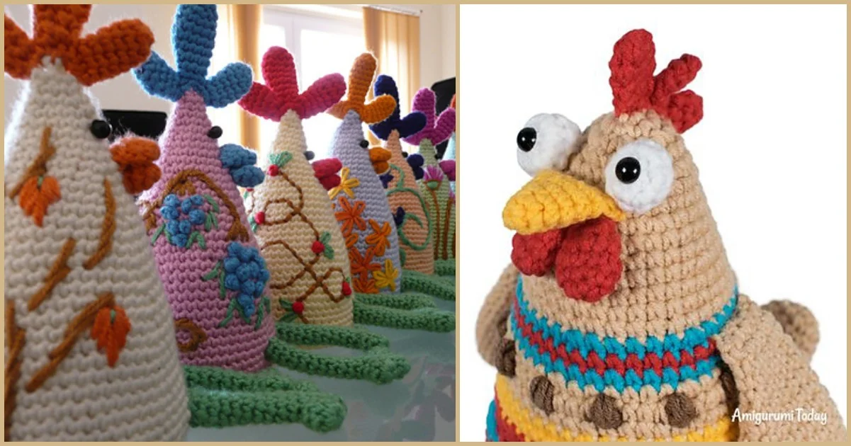 Amigurumi Easter chicken toys, crafted with crochet and vibrant designs, are neatly arranged in rows.