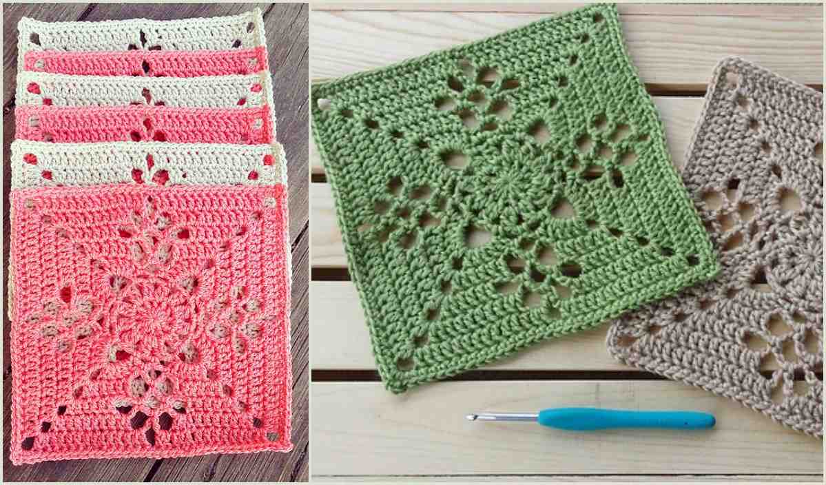 Victorian Lattice Square patterns in vibrant colors, accompanied by a crochet hook, rest elegantly on a wooden surface.