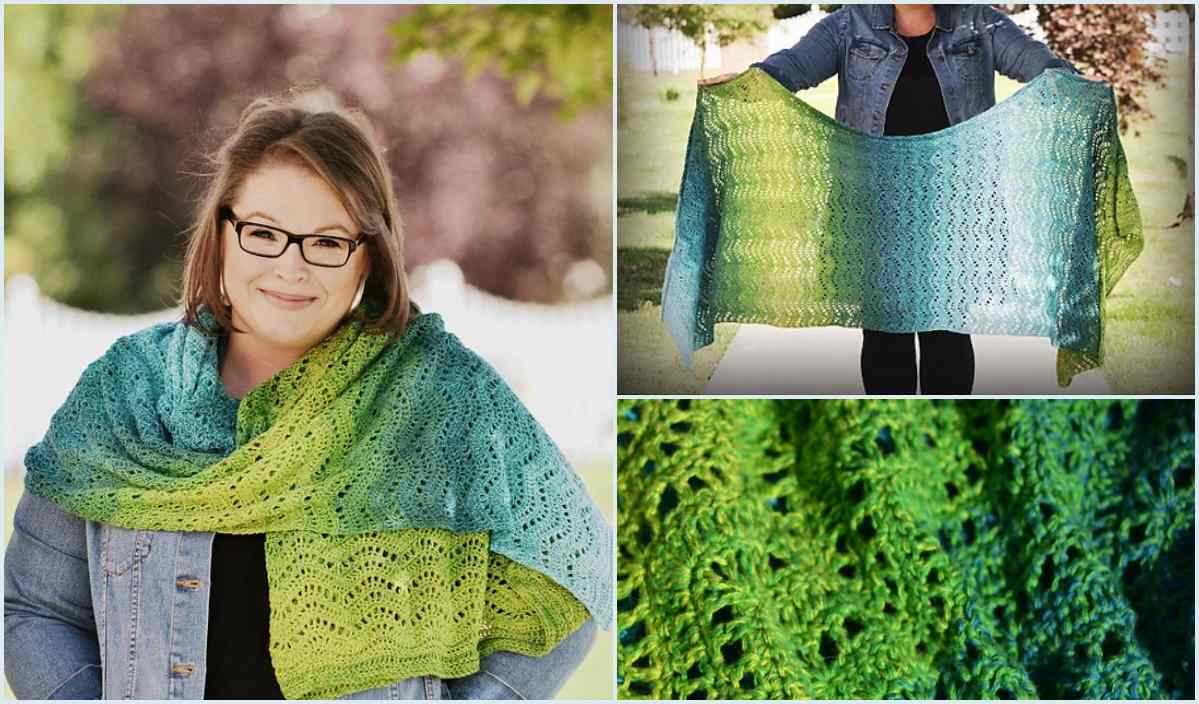 A person wearing a green and blue knit shawl with chevron waves, displayed in two close-up shots and one wide shot, held up by another person.