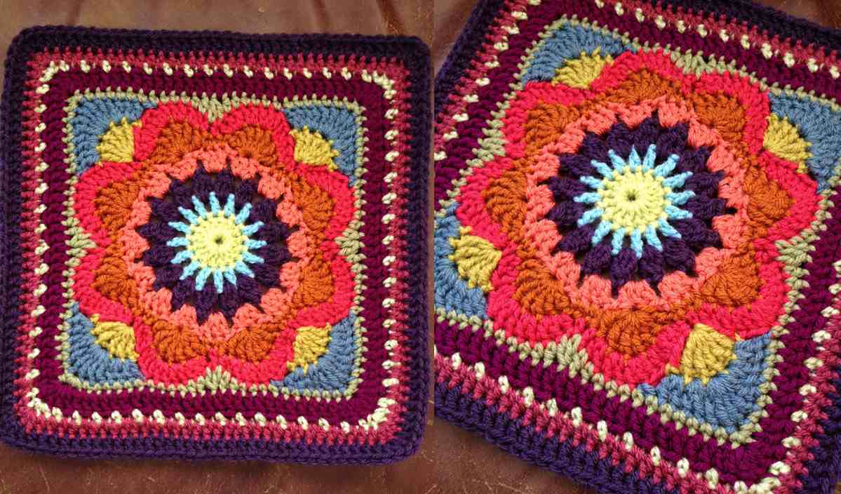 Two colorful crocheted squares with intricate floral patterns in shades of purple, red, orange, and blue. Discover the beauty of the Emmalynn Square with this inspiring crochet pattern that guides you step-by-step.