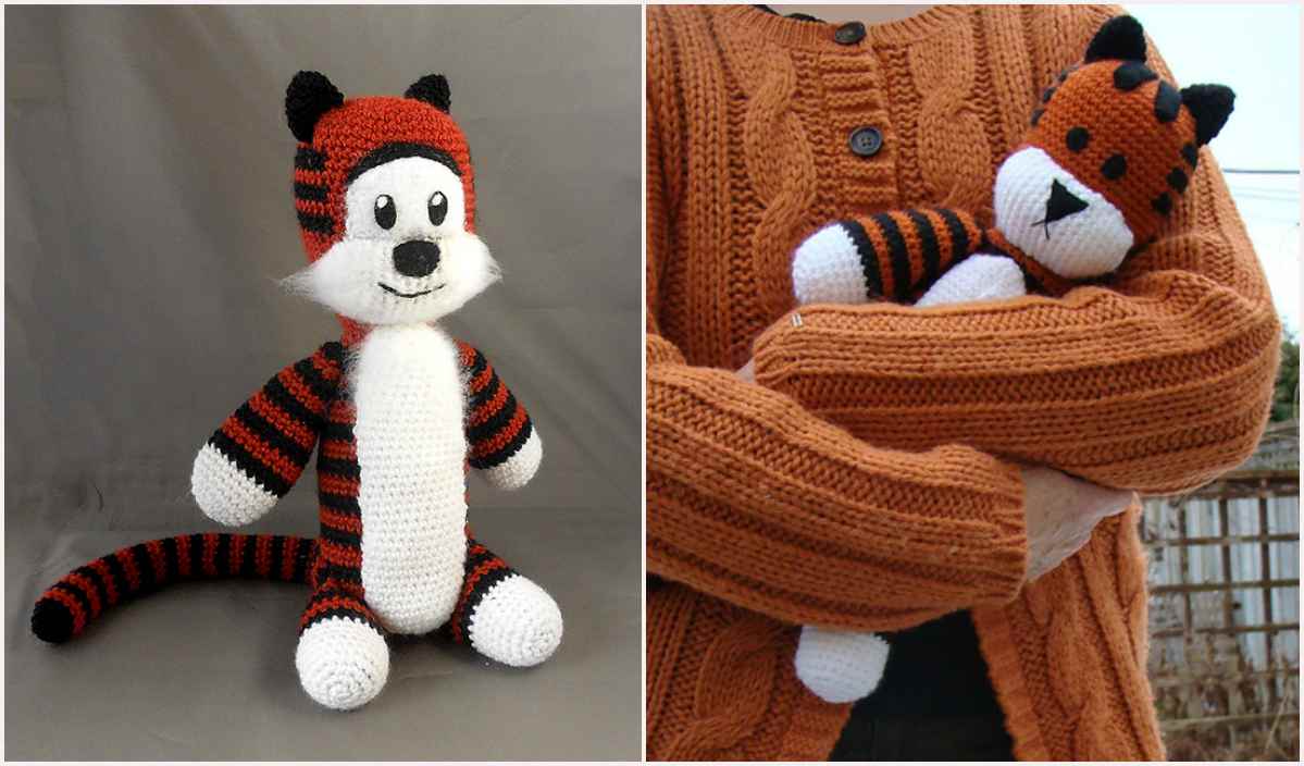 A crocheted tiger plush toy is shown in two images. On the left, it sits alone. On the right, someone wearing an orange knit sweater holds it, showcasing the toy's charm and warmth—perfect companions for anyone inspired by a free crochet pattern to create their own cuddly friend.