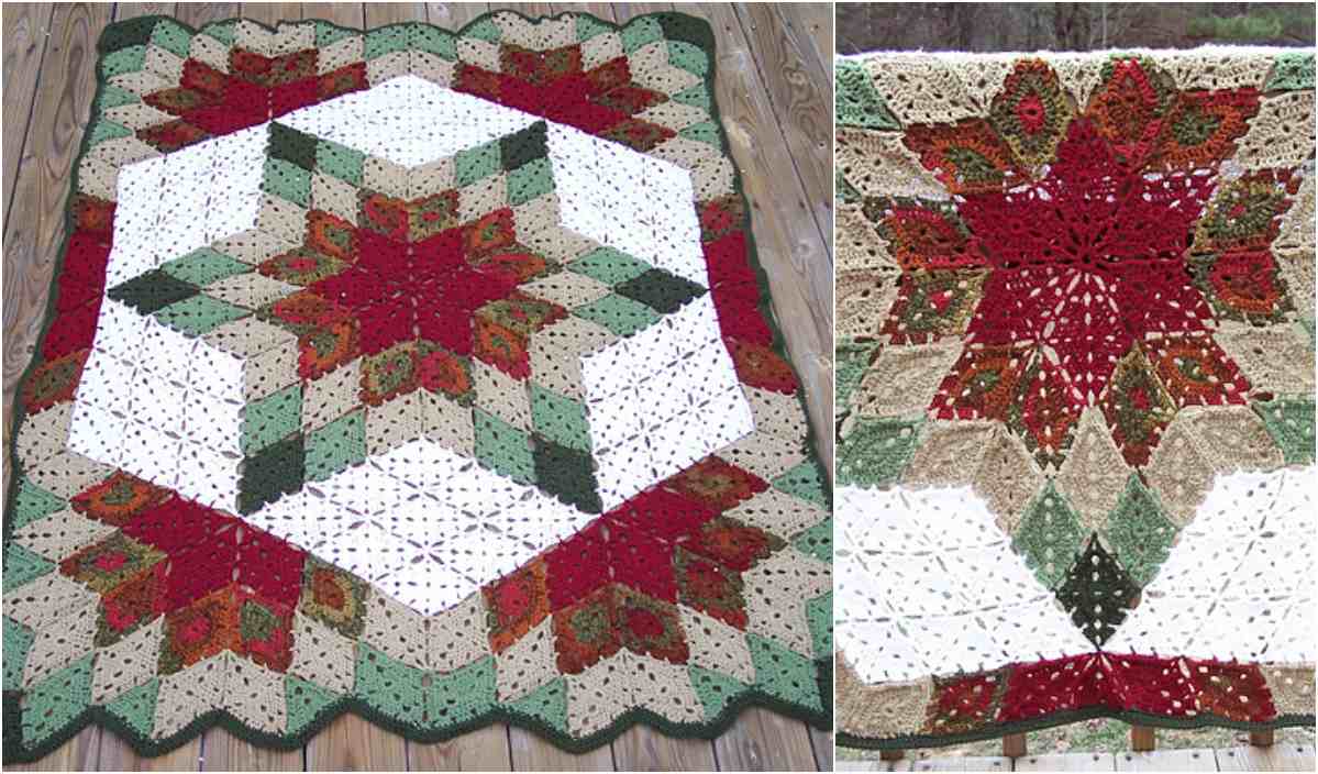 A vibrant Prairie Star throw, with its colorful crocheted star-patterned design in red, green, white, and beige sections, beautifully spreads across a wooden floor. Shown in full and close-up detail, this blanket captures the essence of a free crochet pattern.