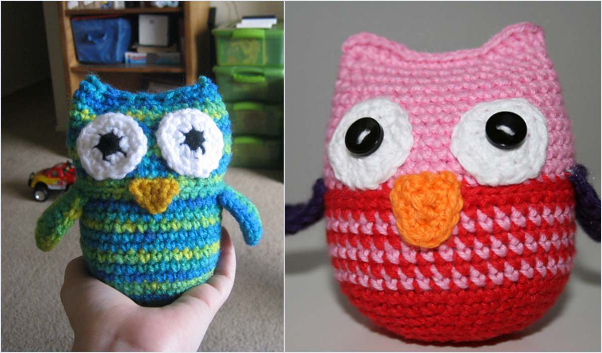 Featuring the adorable Woo Hoo Owl, this set includes two crocheted toys: a blue-green owl held in hand and a pink-red owl resting on a surface. Perfect for beginners, these easy patterns add charm to any space. A small toy car lurks in the background, adding a playful touch.