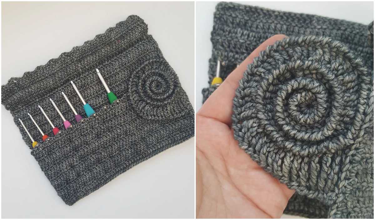 A crocheted pouch with vibrant crochet hooks neatly tucked into pockets, flaunting an ammonite hook design. The close-up reveals the intricate spiral crochet pattern held gracefully in hand.