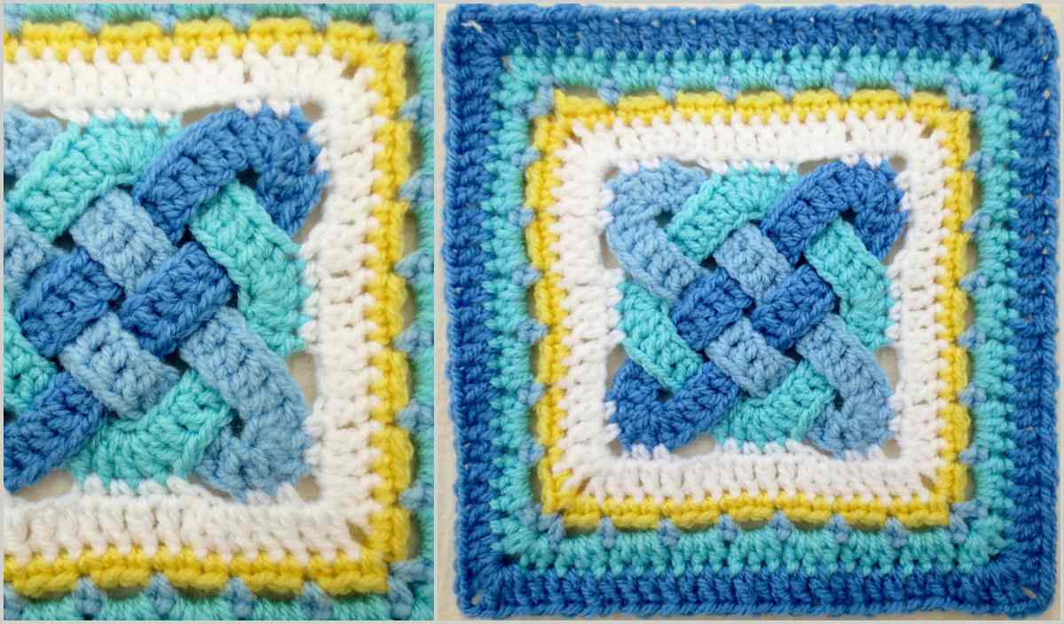 Two crochet squares showcase an intricate interwoven design in blue, yellow, white, and turquoise yarn, reminiscent of an amigurumi Easter chicken's vibrant hues.