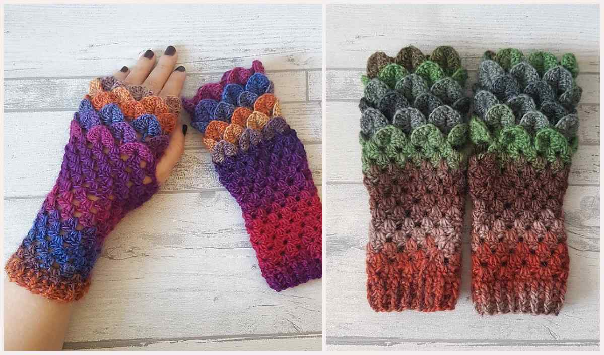 Two pairs of crocheted dragon scale fingerless gloves boast vibrant, textured scales. The left pair dazzles in shades of purple and pink, while the right transitions beautifully from green to brown.