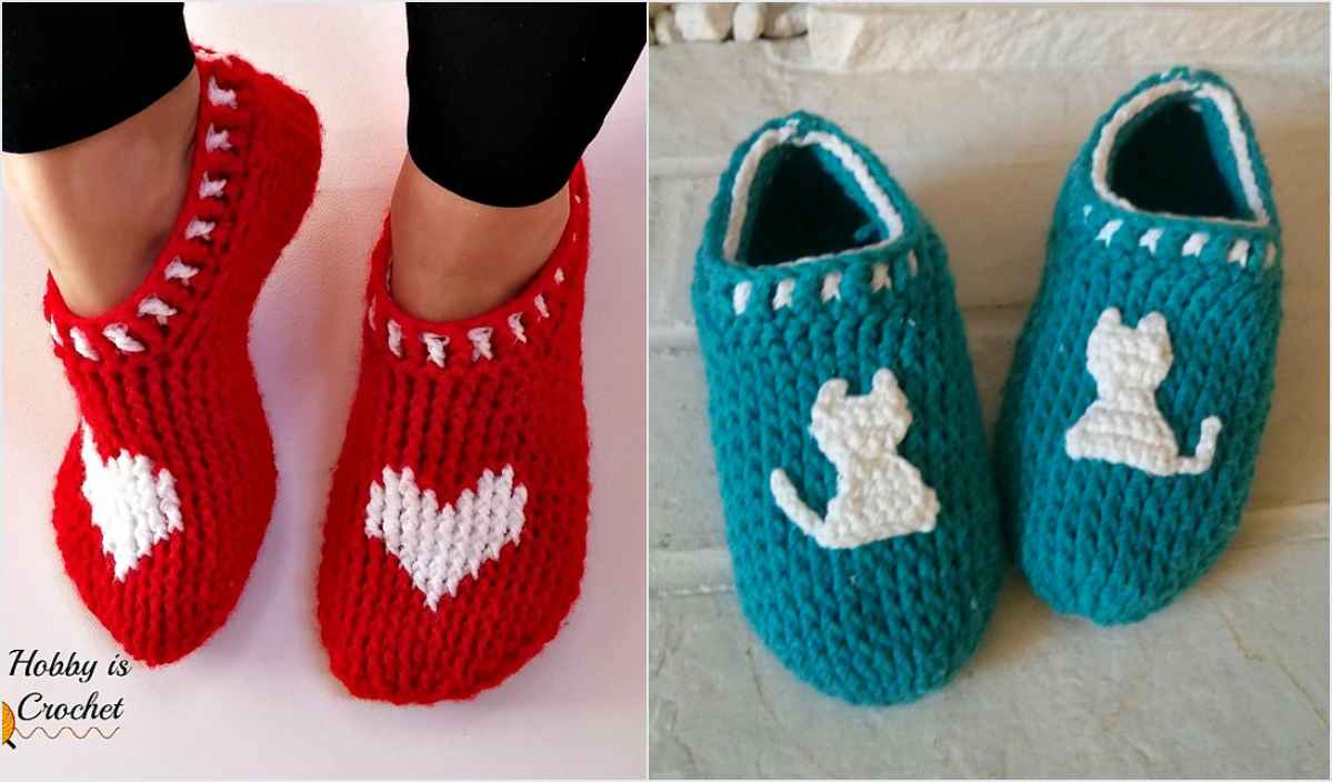 Two pairs of crocheted slippers: one red with white hearts, and the other teal with white cat silhouettes, showcasing delightful crochet patterns. Ideal for those seeking cozy charm, these slippers are a testament to creative craftsmanship.