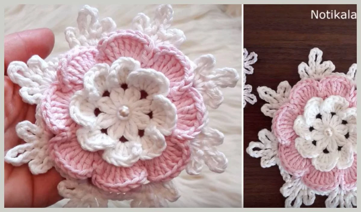 A hand holds a crocheted pink and white floral design with layered petals, reminiscent of an origami rose flower. A close-up of the same design is shown on the right, perfect for those seeking a free crochet pattern to bring this beauty to life.