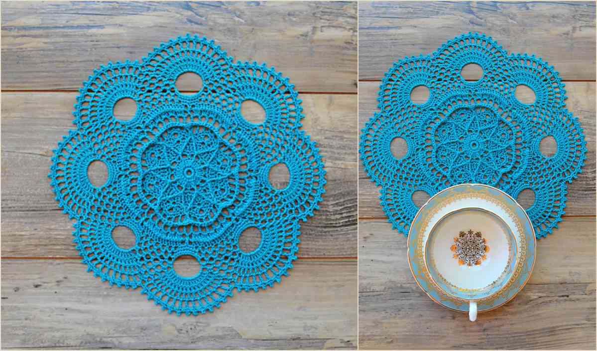 A blue crochet doily reminiscent of a sunny rug is displayed on a wooden surface, with a gold-rimmed teacup elegantly placed on it in the second image.