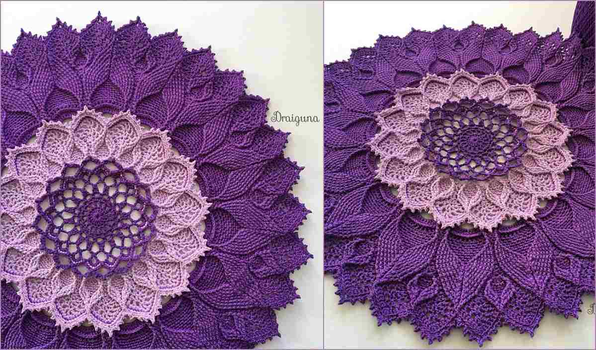 Purple and pink crochet mandala with intricate floral patterns, displayed flat like the evocative elegance of an Evocation Doily.