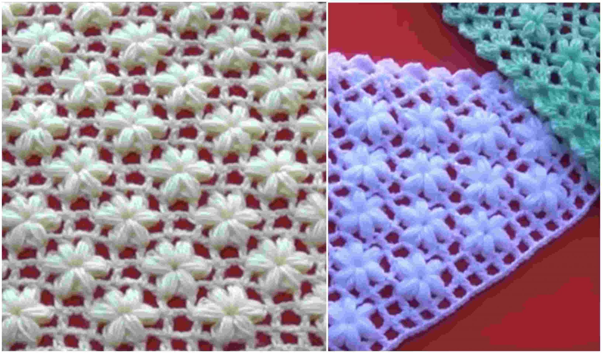 Close-up of white and pastel green crochet patterns featuring jasmine flower stitches, intricately designed on a vibrant red background.