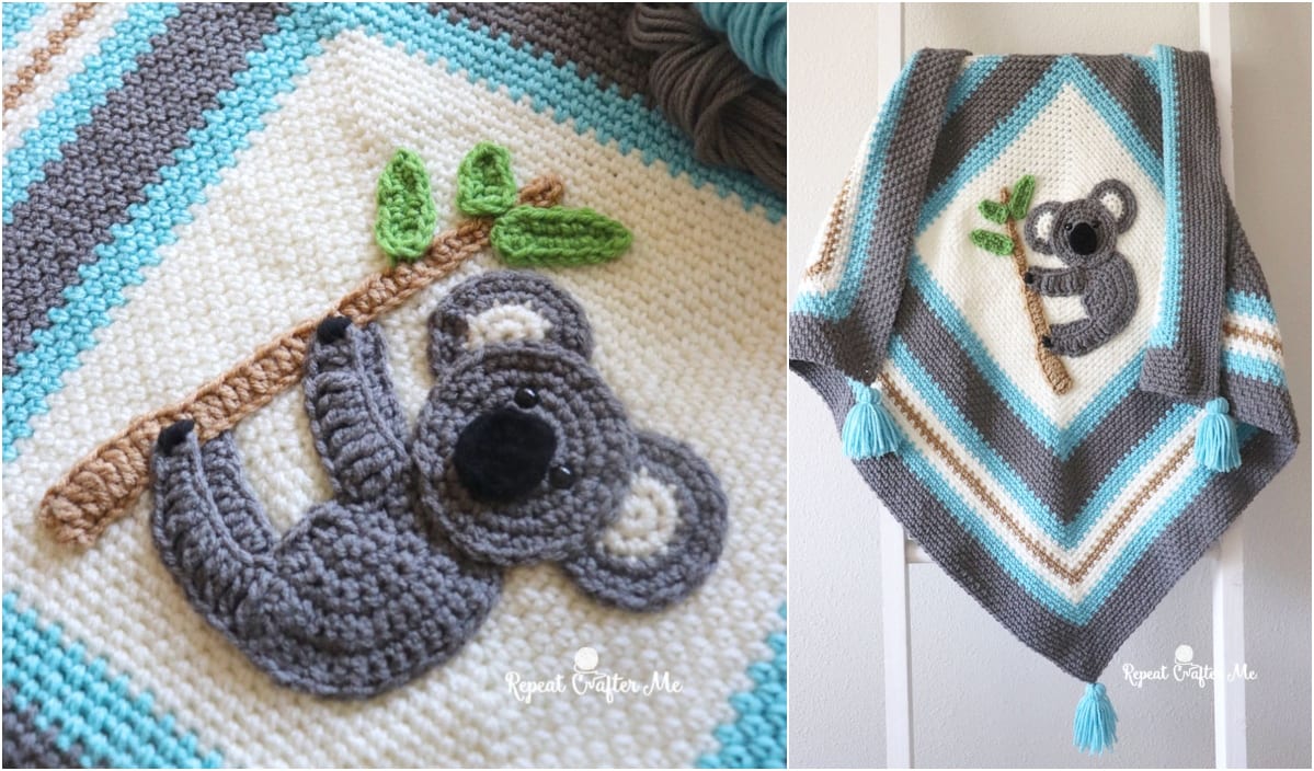 This crocheted baby blanket features a charming koala design, enriched with Victorian Lattice Square patterns in gray, blue, green, and white tones. Tassels adorn each corner for an extra touch of whimsy.