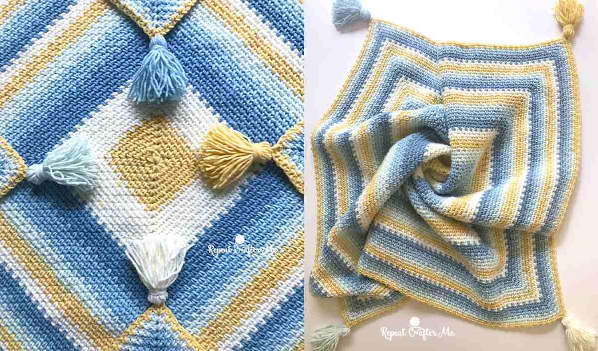 Two crocheted blankets featuring intricate geometric patterns in blue, yellow, and white. One is displayed flat with tassels at the corners, perfect for a cozy nap, while the other is draped to showcase its texture.