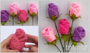 Crocheted roses in pink and purple with green stems are beautifully arranged on a surface; hands holding a pink crocheted rose in the inset demonstrate an intricate crochet pattern.