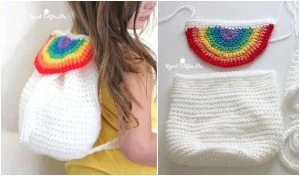 A child sports a charming white crocheted backpack embellished with a vibrant rainbow flap. Another image showcases the bag and its colorful detail separately, crafted from a free crochet pattern, perfect for those interested in creating their own rainbow backpack.