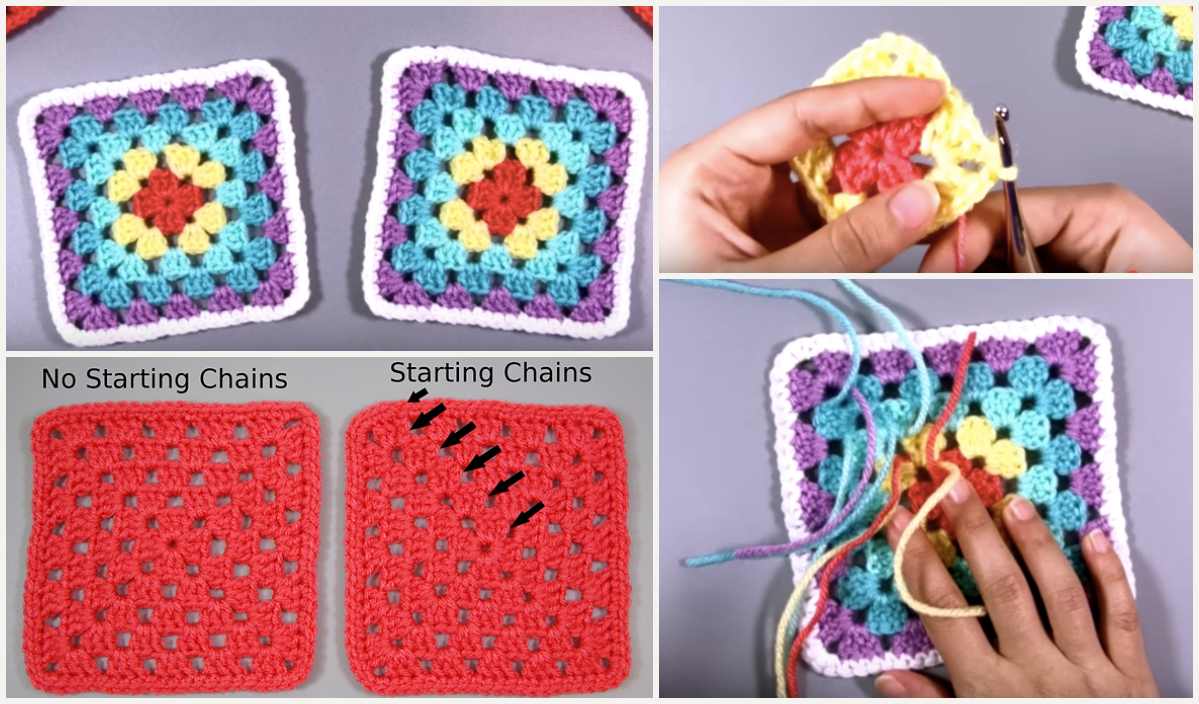 Crochet tutorial collage featuring finished granny squares, including a comparison of squares with and without starting chains, alongside hands crocheting. Discover our granny square video tutorial for step-by-step guidance.