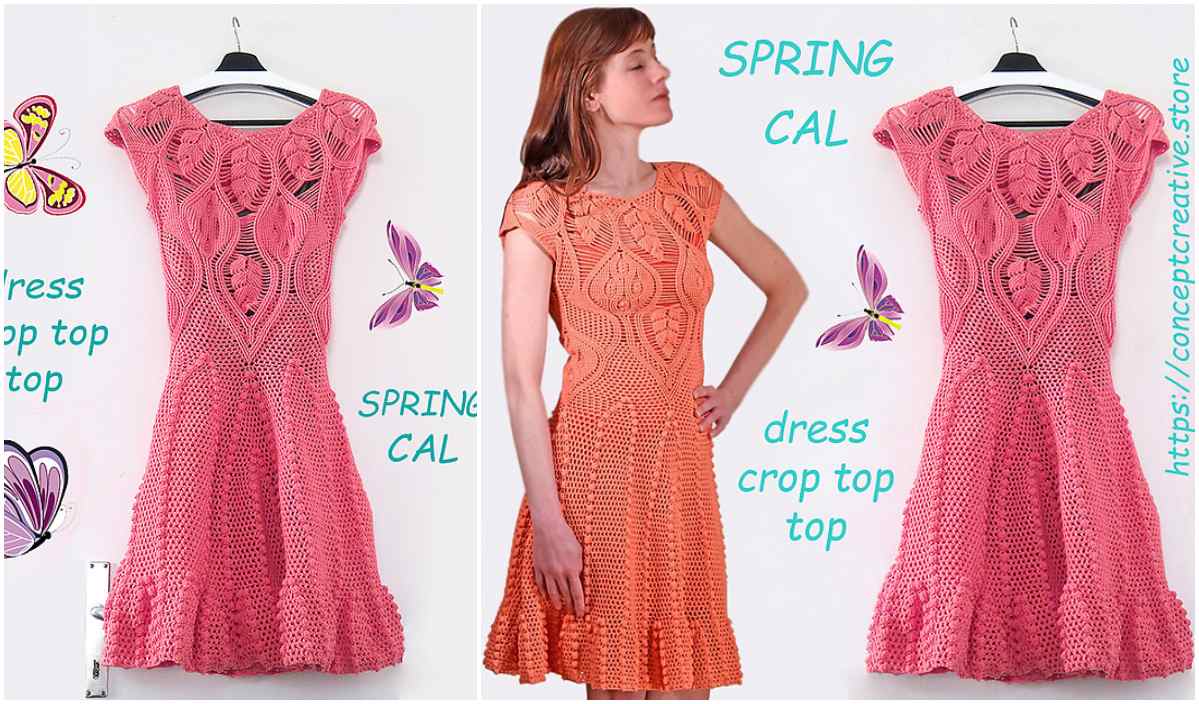 A crochet dress elegantly displayed on hangers and modeled, showcasing intricate crochet patterns and a flared skirt. The text reads "SPRING CAL," accompanied by butterflies, highlighting the charm of this spring dress.