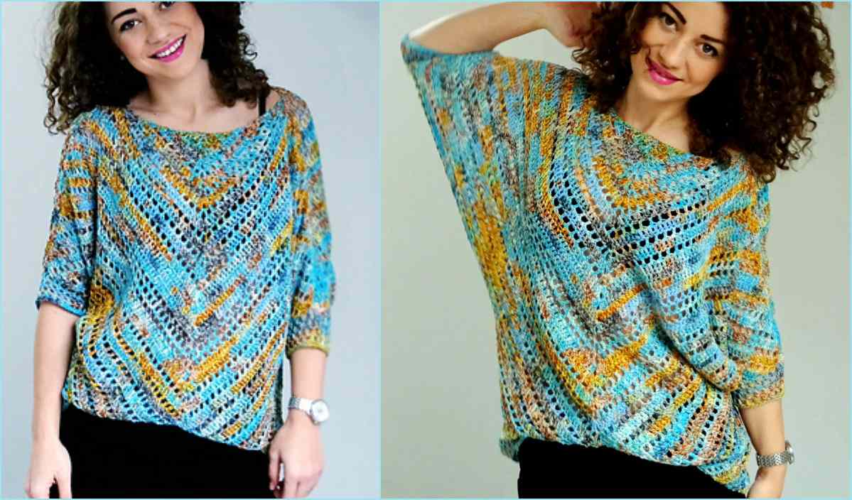 A person poses in a colorful, loose-knit top with a geometric crochet pattern, combining blue, brown, and yellow hues. The vibrant design hints at a free-spirited vibe akin to the iconic Starry Night Blouse.