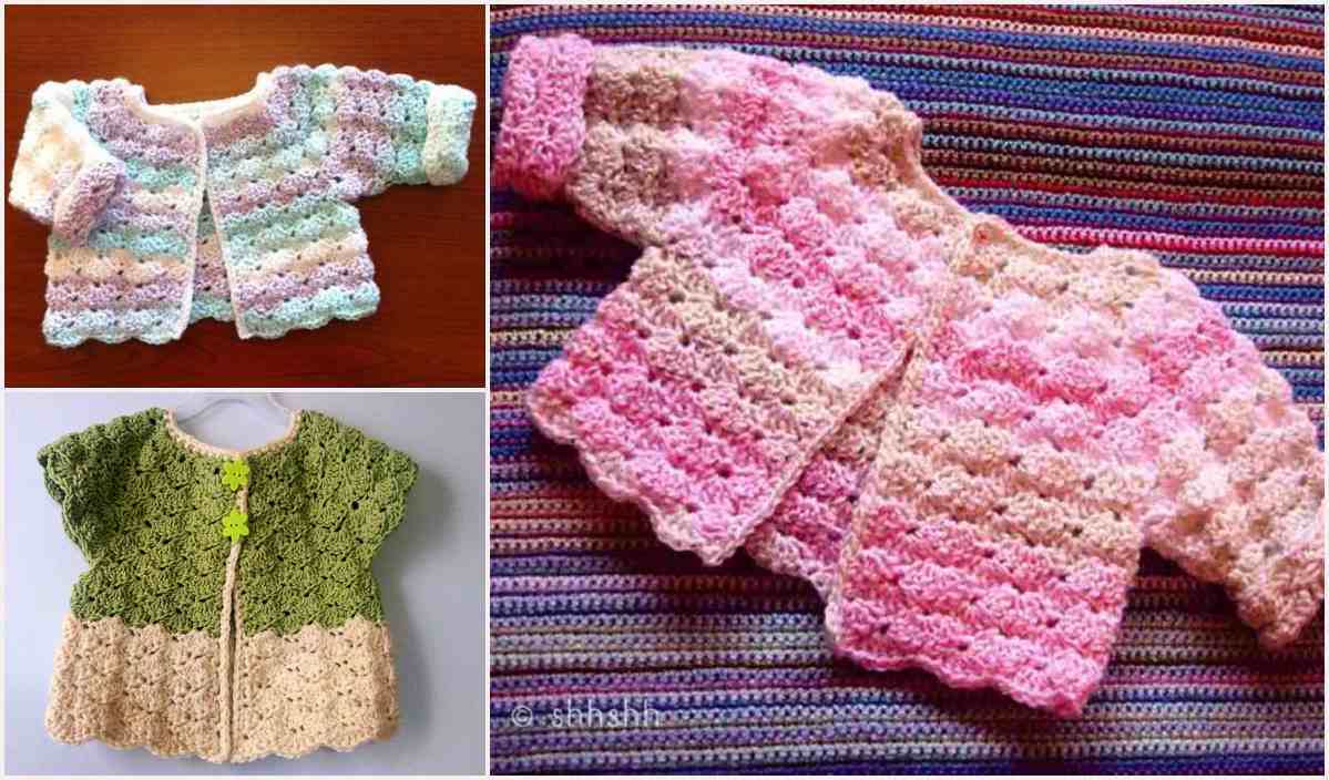 Three crochet baby cardigans: a pink and cream one on a striped background, a green and cream with buttons, and a pastel-colored one on a wooden surface—all crafted using free crochet patterns that can easily be completed during a leisurely 2 1/2-hour nap.