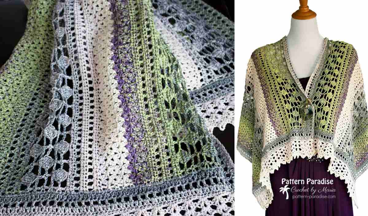 A multicolored crochet shawl with intricate patterns, displayed on a mannequin and in a close-up view, showcases the beauty of a free crochet pattern.