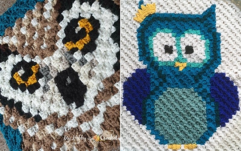 A delightful collage of crochet owls showcases C2C owls, offering free patterns for you to create your own charming nocturnal friends.