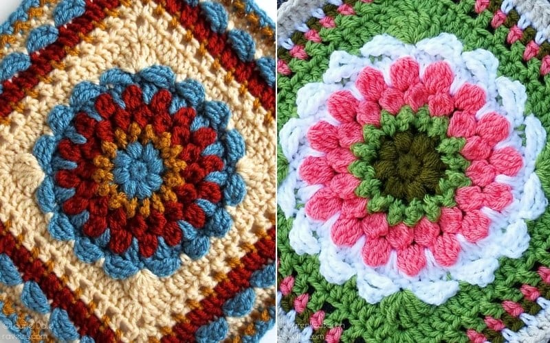 Two colorful crochet square patterns sit side by side. The left features a blue and red floral design, evoking spring's vibrant bloom, while the right displays a pink and white flower motif on a green background, showcasing the enchanting artistry of floral dimensions.