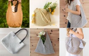 Collage of six images featuring various knitted and crochet shoulder bags: a tan bag, a round bag with flowers, a light gray bag, a gray leather strap bag, a triangular design, and a beige piece adorned with bows.