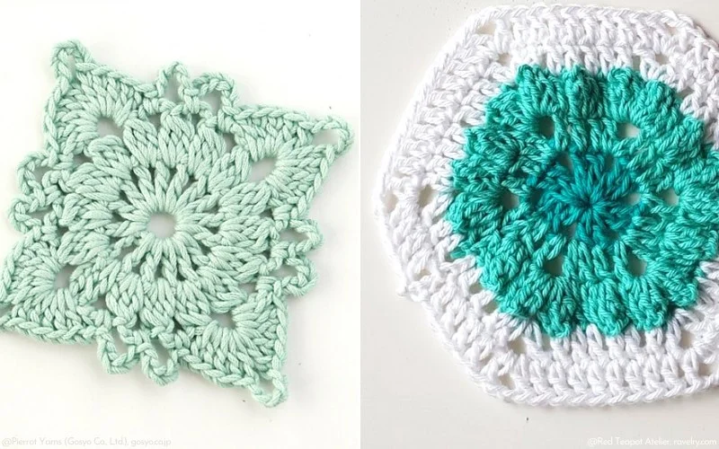 Two crochet patterns: on the left, a light green star-shaped design embodying shades of green; on the right, a hexagonal lacy Afghan block with a teal center and white border.