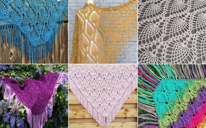 Collage of six crochet shawls in various colors and patterns, each with intricate designs and fringe detailing. Discover the iconic Sidewalk Shawl among these creations, offering a free pattern for those who appreciate artistic flair in their projects.