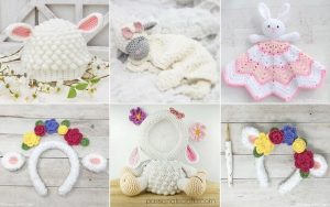 Collage of six crocheted baby items: sheep hat, sleeping lamb, rabbit lovey, flower-adorned headbands, lamb plush toy, and floral wreath with yarn sheep. A perfect crochet lamb idea collection for your little one's cozy treasures.