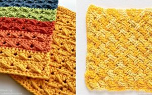 Close-up of colorful knitted dishcloths on the left and a yellow swatch with a textured pattern on the right, showcasing vibrant designs. Discover free patterns, including these delightful honey crochet dishcloths, to brighten your kitchen essentials.