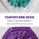 Two crochet hexagon patterns: one with a teal center and white border, the other in solid purple featuring a popcorn stitch design—perfect for combining into green lacy afghan blocks to add texture and elegance to your project.