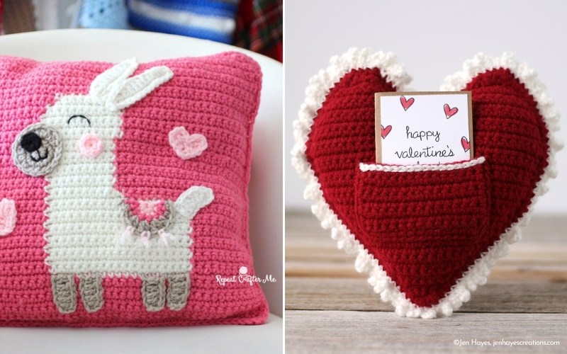 A crochet pillow featuring a white llama on pink sits beside a red heart-shaped crochet holder, perfectly capturing the spirit of Valentine's Day with a card that reads "happy valentine’s".