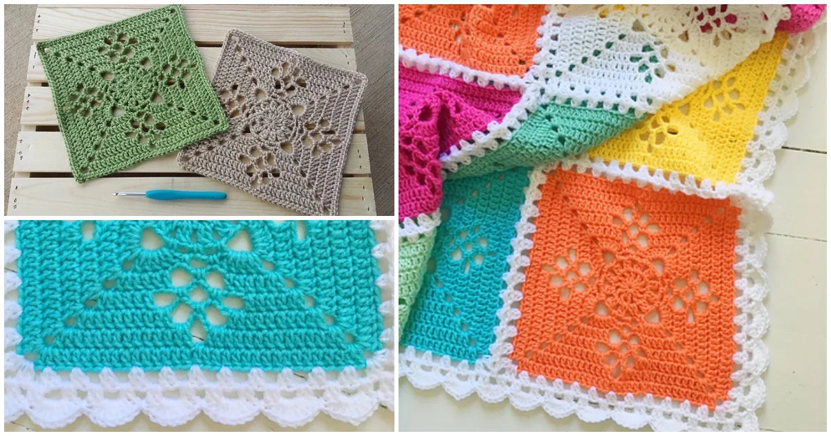 Victorian Lattice Squares in an array of colors, including green, brown, turquoise, orange, and multicolored, are artfully displayed alongside a crochet hook.