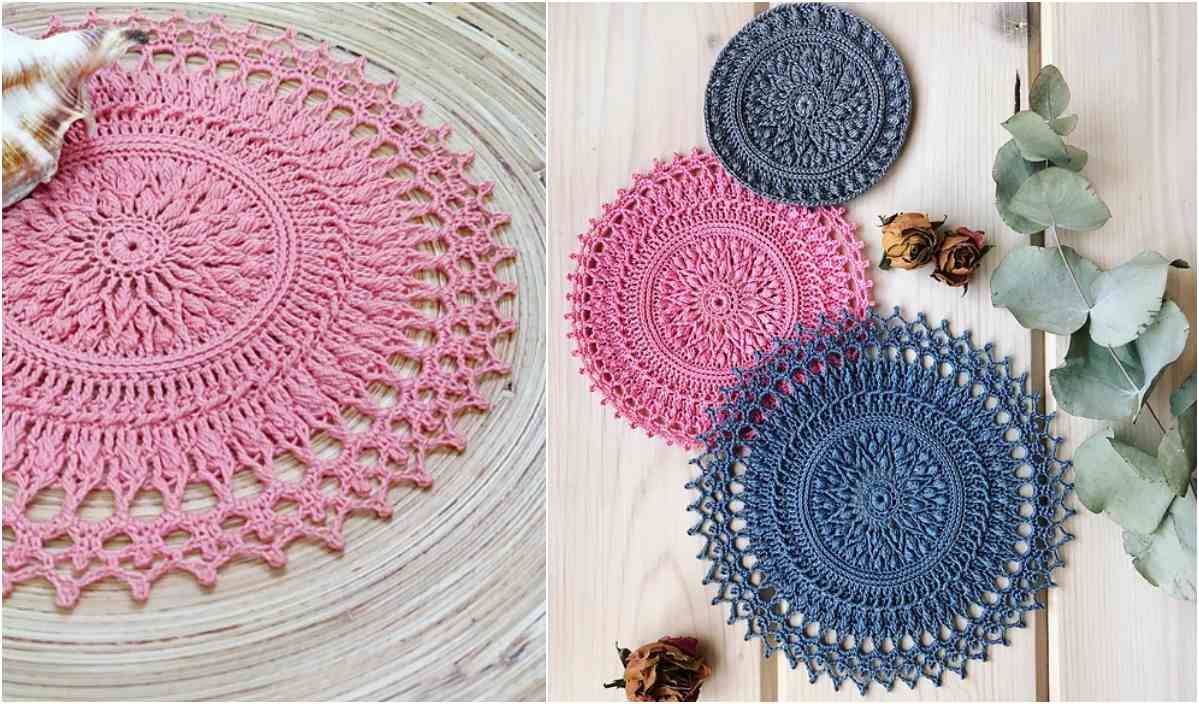 Two images of crocheted doilies. On the left, a single pink doily features a shell motif. The right showcases three doilies in pink, blue, and gray accented with dried flowers and eucalyptus leaves, each highlighting intricate crochet patterns.