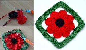 Crocheted flower with a red and black design in a green square frame, shown in progress and completed stages, inspired by the intricate style of the Nipigon Shawl—making it perfect for those seeking a stylish touch.