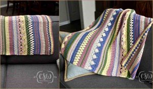 Two images of a colorful crochet flower baby blanket draped over a gray couch, showcasing intricate striped patterns and various stitch designs. Access the free crochet pattern and follow along with the video tutorial for detailed guidance.