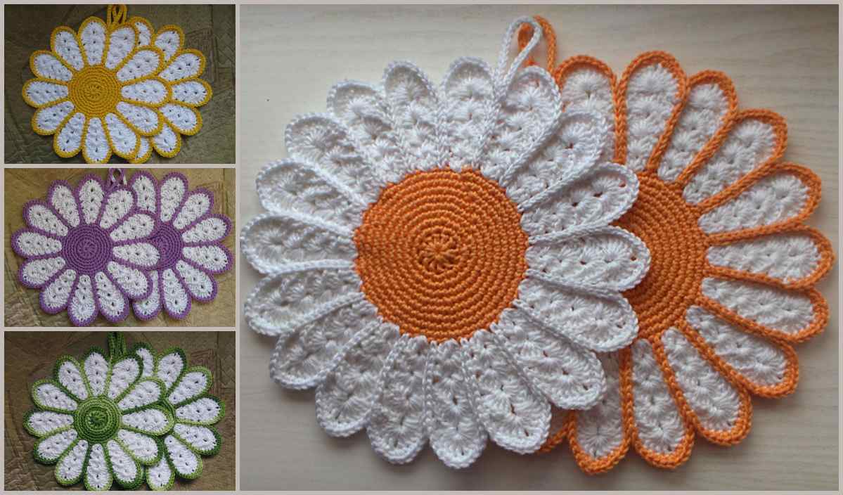 Crocheted daisy-shaped doilies in cheerful hues of yellow, purple, and green with bright white petals. The main image shows two potholder-like yellow-centered doilies overlapping gracefully. Perfect for displaying intricate crochet patterns on your tabletop.