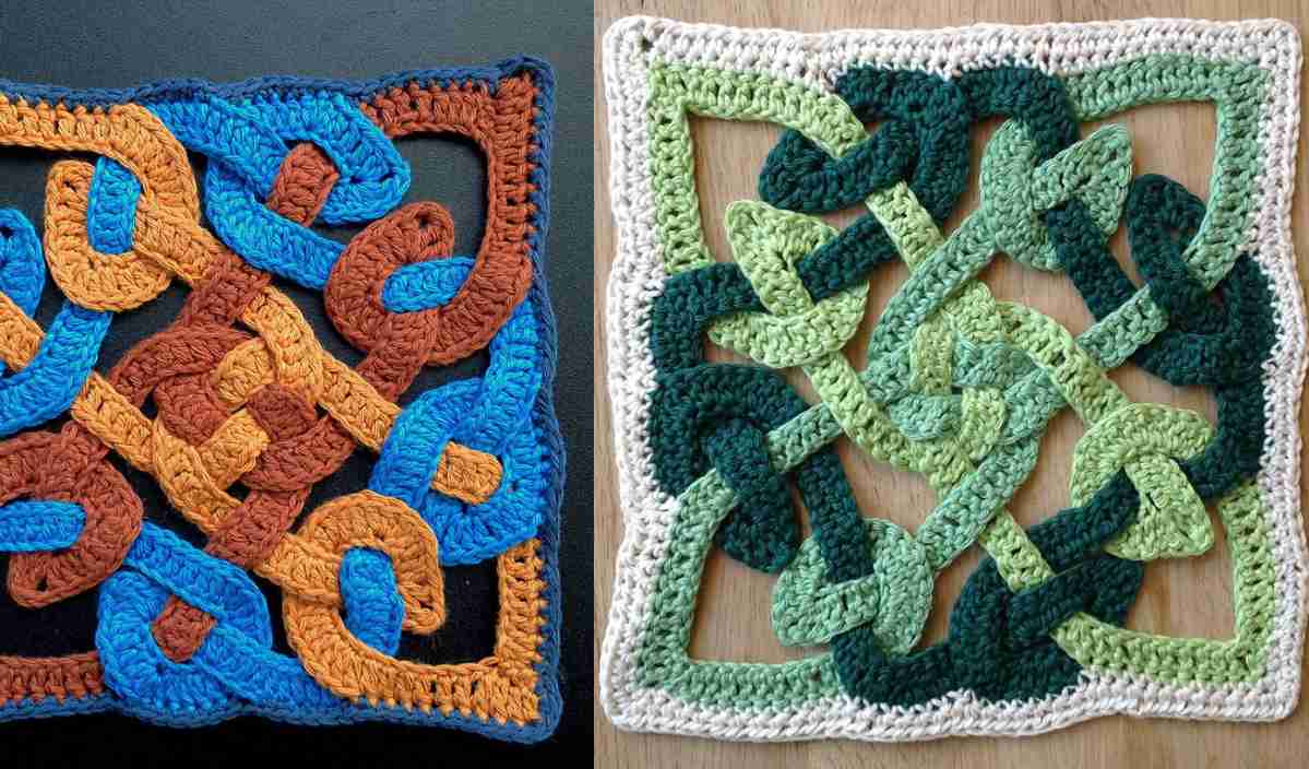 Two crochet Celtic knot squares: a vibrant whirl of blue, orange, and brown on the left, while the right showcases shades of green bordered with cream. Perfect for those seeking inspiration from a free crochet pattern.